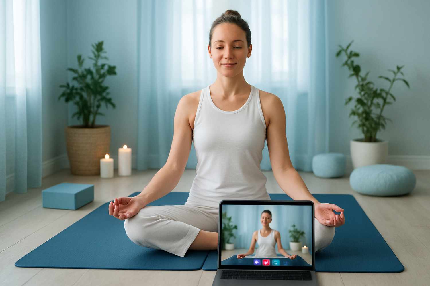 can you please generate a photo for online classes so that people can see the photo and know it will be online? Please use the following colors: white, navy, soft hues of blue and turquoise with a realistic look to the photo please and thank you