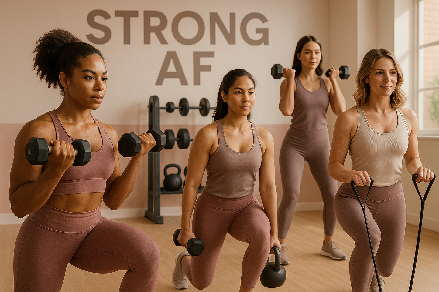 Can you please generate a realistic life-like image for a weight training and strengthening class for women using lifelike fit women with soft tones and the title "Strong AF" in the image?