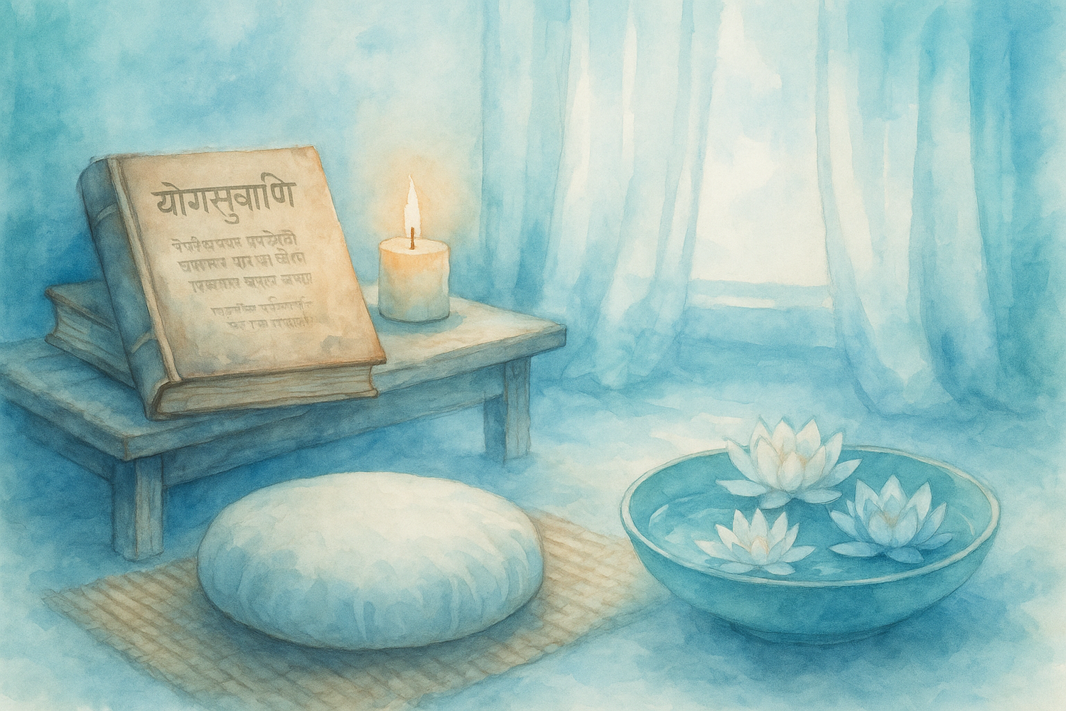 Can you please generate an image that uses soft blue hues, white, and turquoise that evokes wisdom (maybe with books like the yoga sutras) and deep understanding through quiet reflection and support