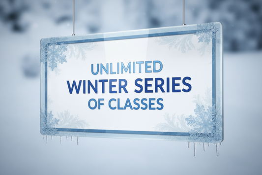 A Blue and White wintry sign with "Unlimited Winter Series of Classes"