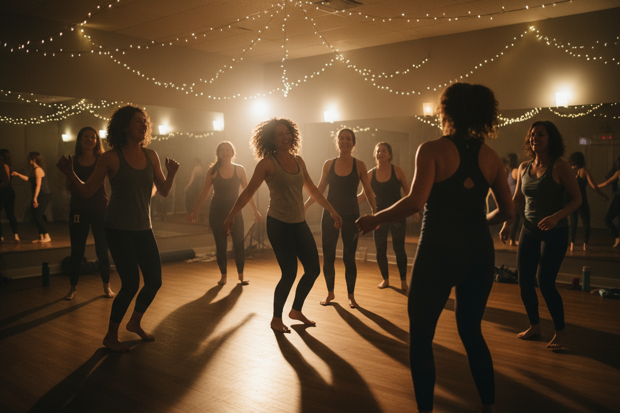 a photo of women dancing in a dimly lit room. This photo is for a Thursday night dance class called Thursday night dance party