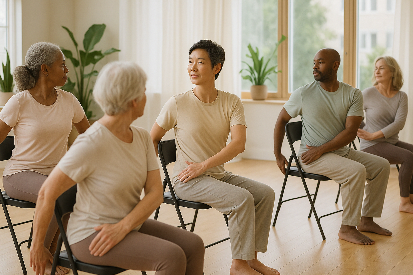 can you please generate a photo of realistic lifelike people practicing gentle chair yoga? 